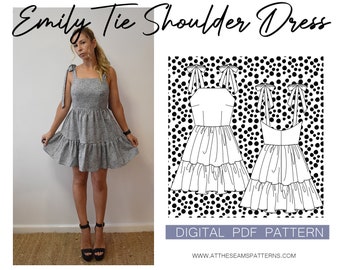 Sewing Pattern | Tie Shoulder Flirty Summer Dress | Digital PDF File, Instant Download | Size XS-XL | A4, U.S Letter, A0 |