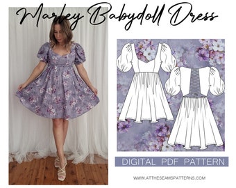 Sewing Pattern | Puffy Sleeve Dress, Babydoll Dress | Digital PDF File, Instant Download | Size XS-XL | A4, U.S Letter, A0 |