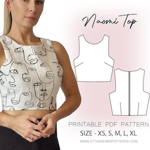 Sewing Pattern | Naomi Cropped Fitted Top | Digital PDF File, Instant Download | Size XS-XL | A4, U.S Letter, A0 |