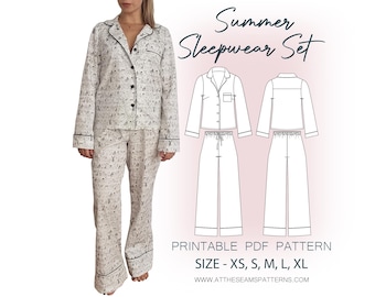 Patrón de costura de pijama / Conjunto clásico de pijama de invierno y verano / Archivo PDF digital, descarga instantánea / Tallas XS-XL / A4, Carta EE. UU., A0 /