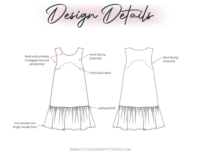 May include: Line drawing of a sleeveless dress with a gathered frill hem. The design details include a front facing, back facing, front bust darts, and a 1 cm double turn single needle hem.