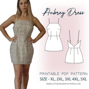 K&ouml;nnte beinhalten: Druckbarer PDF-Schnittmuster f&uuml;r das Aubrey-Kleid. Das Schnittmuster umfasst die Gr&ouml;&szlig;en XL, 2XL, 3XL, 4XL und 5XL. Das Bild zeigt eine Frau, die ein Kleid mit Blumenmuster tr&auml;gt, und eine Strichzeichnung des Schnittmusters.