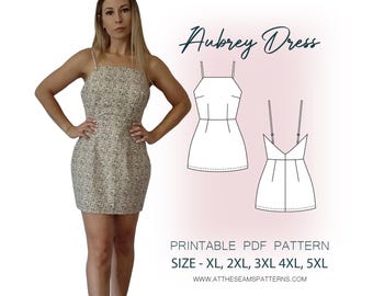 Op de afbeelding: Printbaar PDF-naai-patroon voor de Aubrey-jurk. Het patroon omvat de maten XL, 2XL, 3XL, 4XL en 5XL. De afbeelding toont een vrouw die een jurk met bloemenprint draagt en een lijntekening van het patroon.