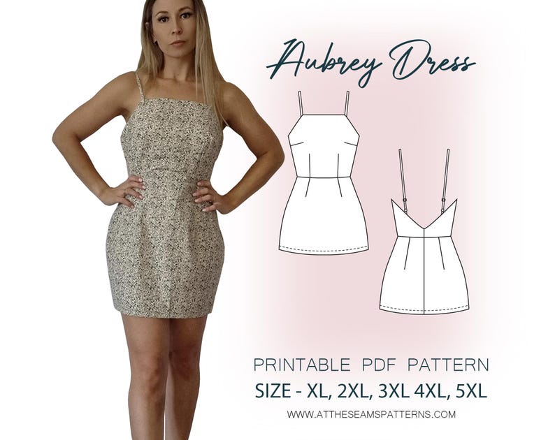 K&ouml;nnte beinhalten: Druckbarer PDF-Schnittmuster f&uuml;r das Aubrey-Kleid. Das Schnittmuster umfasst die Gr&ouml;&szlig;en XL, 2XL, 3XL, 4XL und 5XL. Das Bild zeigt eine Frau, die ein Kleid mit Blumenmuster tr&auml;gt, und eine Strichzeichnung des Schnittmusters.