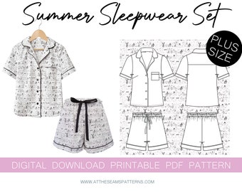 Sewing Pattern | Plus Size Classic Pajama Summer Set | Digital PDF File, Instant Download | Size XL-5XL | A4, U.S Letter, A0 |