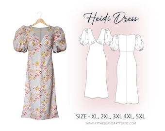Patrón de costura para tallas grandes / Vestido midi con mangas abullonadas, vestido de picnic / Archivo PDF digital, descarga instantánea / Tallas XL-5XL / A4, Carta EE. UU., A0 /