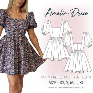 Sewing Pattern | Puffy Sleeve Dress, Babydoll Dress | Digital PDF File, Instant Download | Size XS-XL | A4, U.S Letter, A0 |