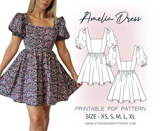 Schnittmuster | Puffärmel Kleid, Babydoll Kleid | Digitale PDF-Datei, Sofort-Download | Größe XS-XL | A4, US Letter, A0 |