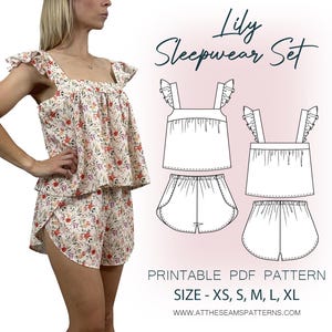 May include: A cream-colored floral sleepwear set with a square-neck top and ruffled sleeves, paired with matching shorts. The floral pattern includes red and purple accents. The image also shows a line drawing of the sleepwear set and the text "Lily Sleepwear Set".