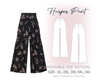 Plus Size Sewing Pattern | Wide Leg Pant, High-Waisted | Digital PDF File, Instant Download | Size XL-5XL | A4, U.S Letter, A0 |
