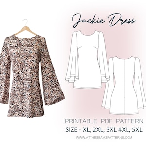 Plus Size Sewing Pattern | Flared Bell Sleeve Shift Dress | Digital PDF File, Instant Download | Size XL-5XL | A4, U.S Letter, A0 |