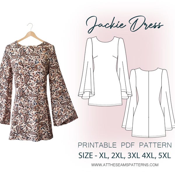 Plus Size Sewing Pattern | Flared Bell Sleeve Shift Dress | Digital PDF File, Instant Download | Size XL-5XL | A4, U.S Letter, A0 |