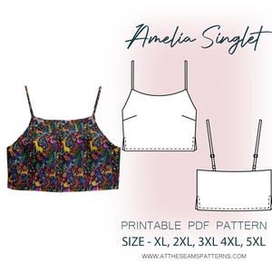 Op de afbeelding: Printbare PDF-naaipatroon voor een top zonder mouwen genaamd Amelia Singlet. Het patroon omvat de maten XL, 2XL, 3XL, 4XL en 5XL. De afbeelding toont een zwart-witte lijntekening van de top.