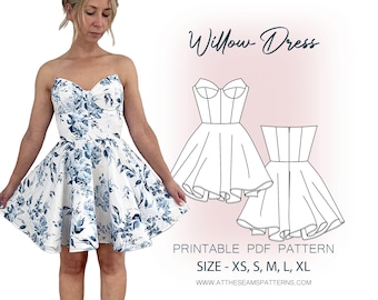Patrón de costura / Vestido bustier Willow / Archivo PDF digital, descarga instantánea / Tallas XS-XL / A4, Carta EE. UU., A0 /