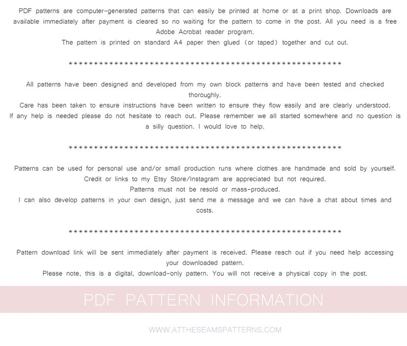 May include: A white background with black text explaining the details of a PDF pattern download. The text includes information about the pattern's format, use, and download process. The text also includes the website address for the pattern seller: www.attheseamspatterns.com.