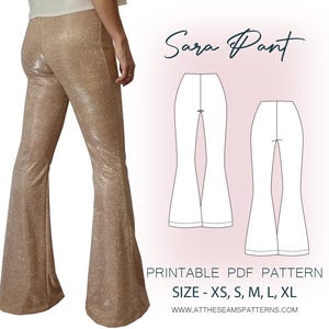 May include: A printable PDF sewing pattern for flared trousers called "Sara Pant". The pattern is available in sizes XS, S, M, L, and XL.