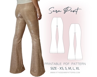 Wykrój krawiecki | Spodnie Sara Stretch Flare, z wysokim stanem i rozkloszowanymi nogawkami | Plik PDF w formacie cyfrowym, możliwość natychmiastowego pobrania | Rozmiary XS-XL | A4, U.S. Letter, A0 |