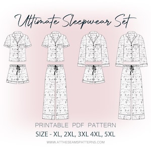 Patrón de costura para tallas grandes / Conjunto de pijama clásico de verano de 4 piezas / Archivo PDF digital, descarga instantánea / Tallas XL-5XL / A4, Carta de EE. UU., A0 /