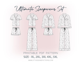 Patrón de costura para tallas grandes / Conjunto de pijama clásico de verano de 4 piezas / Archivo PDF digital, descarga instantánea / Tallas XL-5XL / A4, Carta EE. UU., A0 /