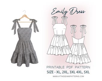 Plus Size Sewing Pattern | Tie Shoulder Flirty Summer Dress | Digital PDF File, Instant Download | Size XL-5XL | A4, U.S Letter, A0 |
