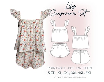Plus Size Sewing Pattern | Summer Sleepwear Pj Set | Digital PDF File, Instant Download | Size XL-5XL | A4, U.S Letter, A0 |