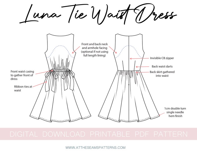 Schnittmuster Kleid mit Taille Digitale PDF-Datei, Sofort-Download Größe XS-XL A4, US Letter, A0 Bild 3