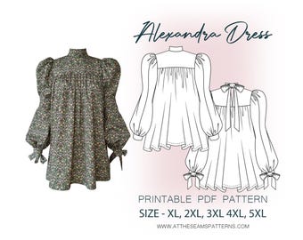 Patrón de costura para tallas grandes / Vestido recto de manga larga de invierno / Archivo PDF digital, descarga instantánea / Tallas XL-5XL / A4, Carta EE. UU., A0 /