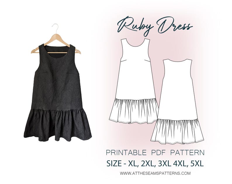 May include: Printable PDF sewing pattern for a sleeveless dress called "Ruby Dress". The pattern includes sizes XL, 2XL, 3XL, 4XL, and 5XL. The image shows a black dress with a ruffled hem.
