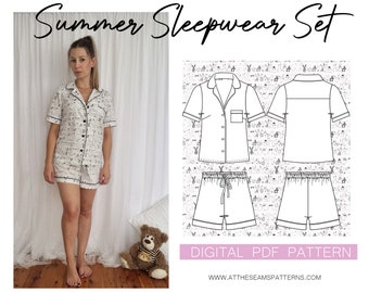 Pj Sewing Pattern | Classic Summer Pyjama Summer Set | Digital PDF File, Instant Download | Size XS-XL | A4, U.S Letter, A0 |