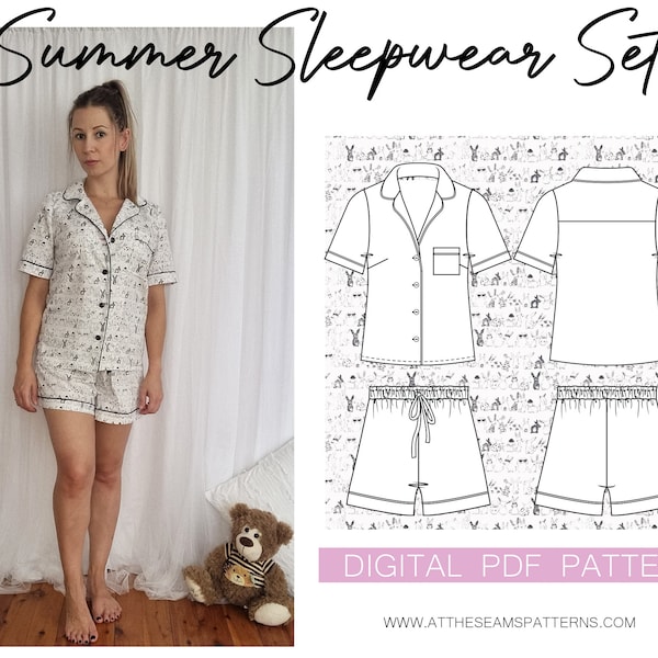 Pj Sewing Pattern | Classic Summer Pyjama Summer Set | Digital PDF File, Instant Download | Size XS-XL | A4, U.S Letter, A0 |