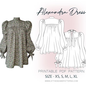 May include: A printable PDF sewing pattern for a dress called the Alexandra Dress. The pattern includes sizes XS, S, M, L, and XL. The image shows a line drawing of the dress and a photo of a dress made from the pattern.
