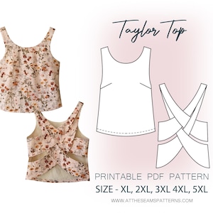 Padrão de costura Plus Size | Top com costas cruzadas | Arquivo PDF digital, download instantâneo | Tamanho XL-5XL | A4, Carta EUA, A0 |