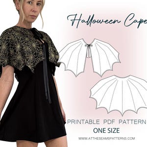 May include: A black dress with a gold spiderweb-patterned cape. The cape is tied at the neck with a black ribbon. The image also includes a pattern for a Halloween cape, with the text "Halloween Cape" and "Printable PDF Pattern".