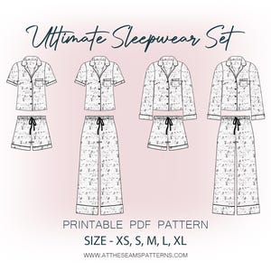 Patrón de costura de pijama / Conjunto de pijama clásico de 4 piezas / Archivo PDF digital, descarga instantánea / Tamaño XS-XL / A4, Carta de EE. UU., A0 /