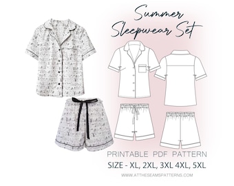 Patrón de costura para tallas grandes / Conjunto de pijama clásico de verano / Archivo PDF digital, descarga instantánea / Tallas XL-5XL / A4, Carta EE. UU., A0 /