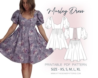 Patrón de costura / Vestido con mangas abullonadas, Vestido Babydoll / Archivo PDF digital, Descarga instantánea / Tallas XS-XL / A4, Carta EE. UU., A0 /