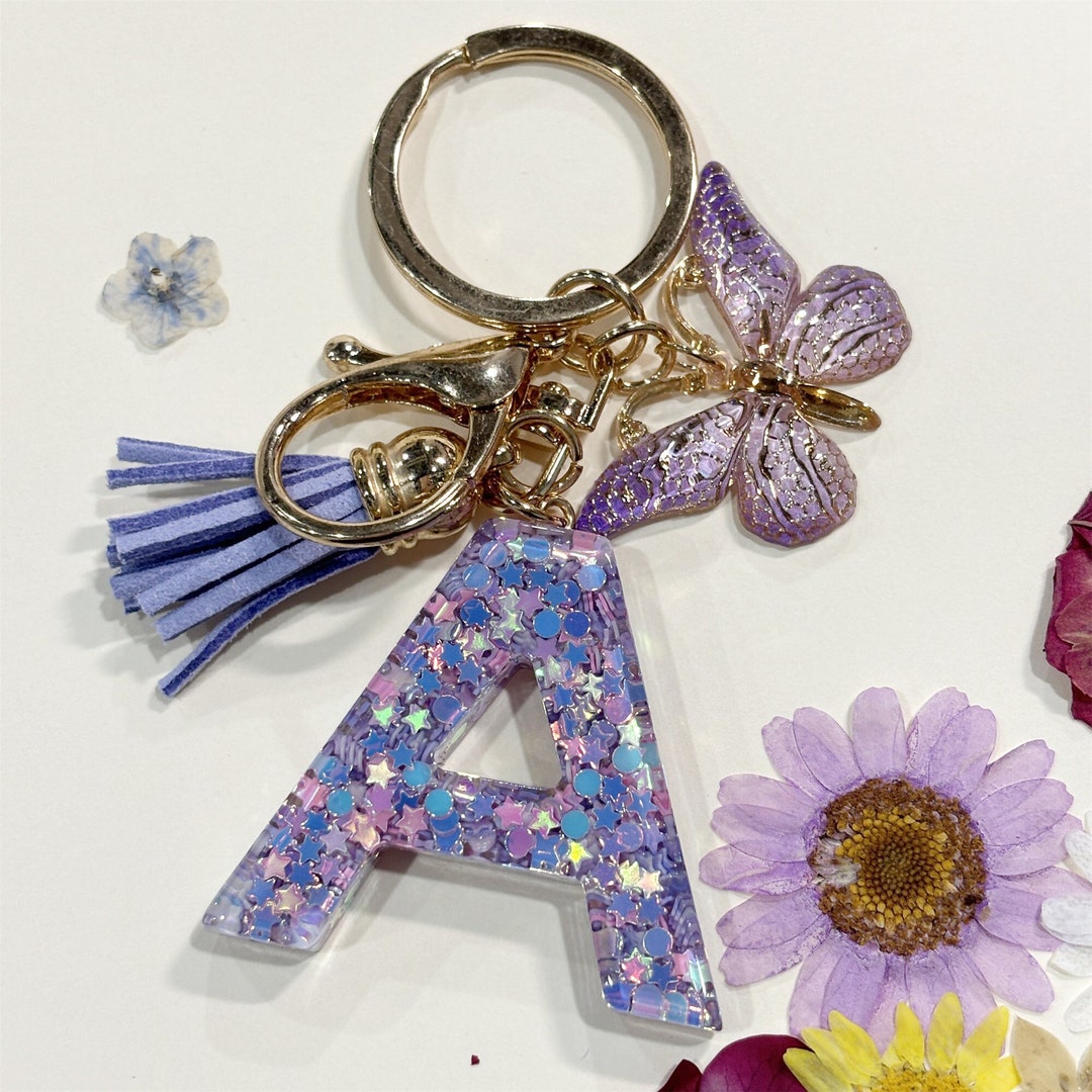 Purple Glitter 26 Initials A to Z Keyring, Star Sequins Letter Resin ...