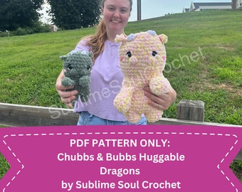 May include: PDF pattern for crocheting two huggable dragon plushies named Chubbs and Bubbs. The pattern is by Sublime Soul Crochet.