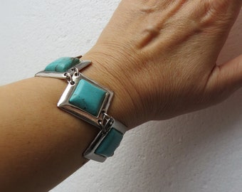 Pulsera de eslabones de metal Pulsera vintage en tono plateado azul turquesa