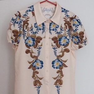 Vintage Blouse Blue Flower Blouse Light Pink Floral Blouse