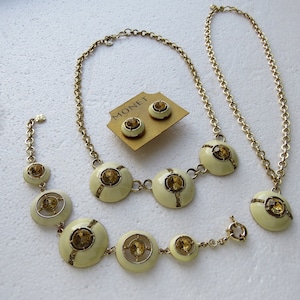 Monet Signed Jewelry Set Cream Enamel Bracelet + Earrings + Necklace + Pendant Necklace Art Deco Jewelry Set