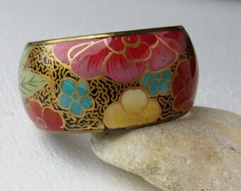 Vintage Collage Bracelet, Enamel Flowers and Bird Cuff, Unique