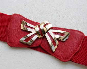 Stretch Elastic Belt with Gold Bow Buckle Wide Red Belt