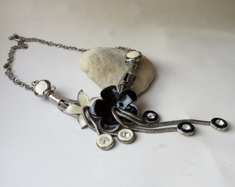 Bib necklace Black White flower necklace Short necklace Floral necklace  Metal statement necklace