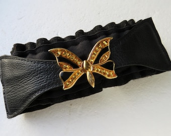 Vintage Black Elastic Belt With Silver Butterfly Buckle 