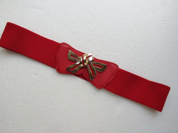 Stretch Elastic Belt With Gold Bow Buckle Wide Red Belt - Etsy display picture 2