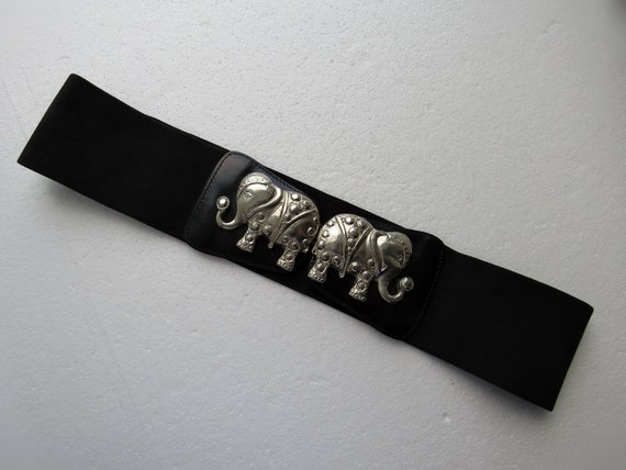 Stretch Elastic Belt Black Belt with Elephant Buc… - image 1