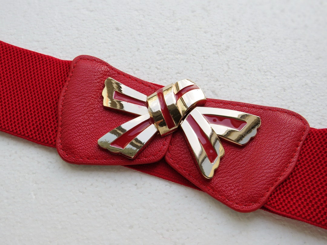 Stretch Elastic Belt With Gold Bow Buckle Wide Red Belt - Etsy display picture 1