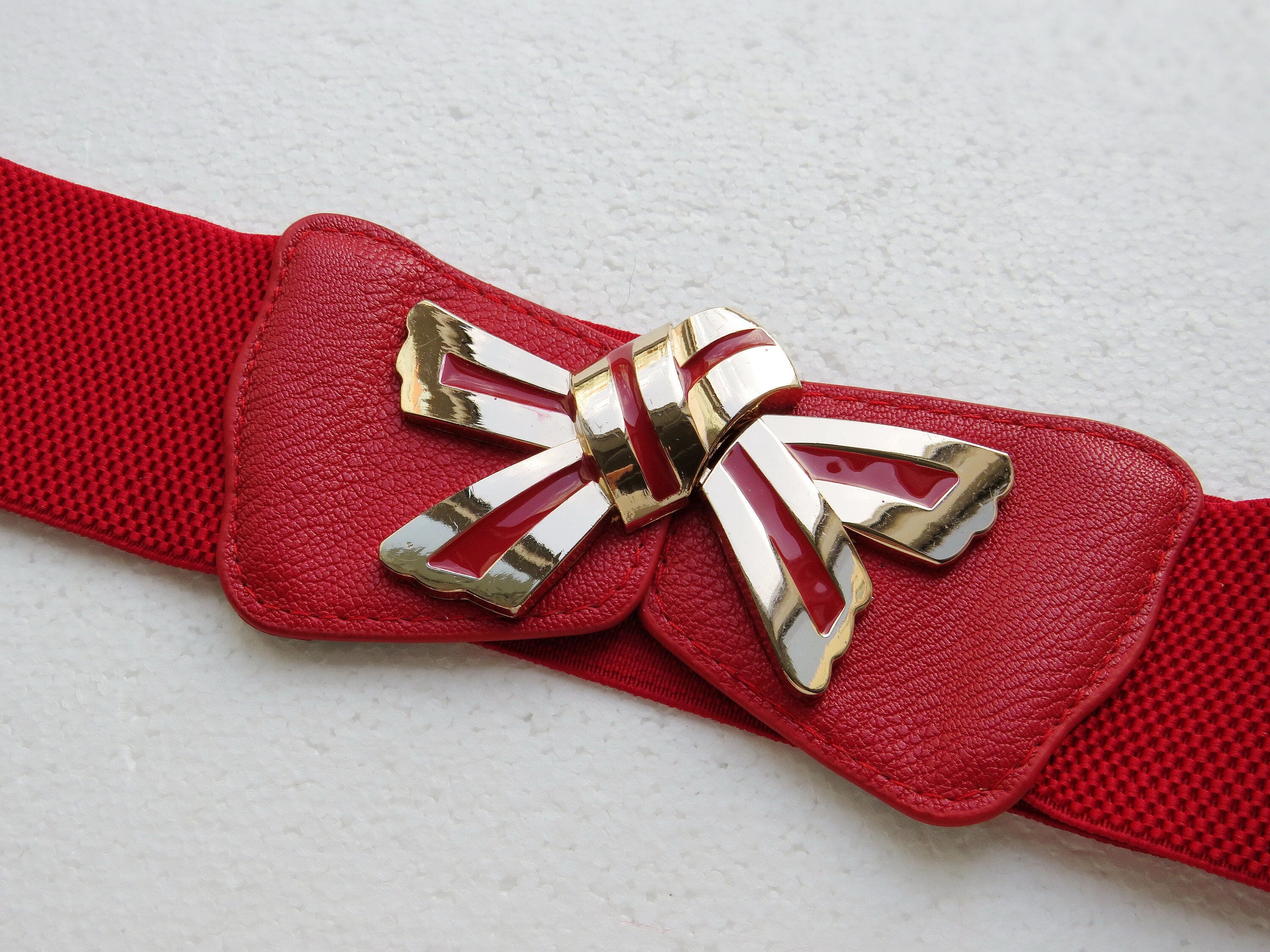 Red & Gold Rhinestone Bow Tie Elastic Stretch Waist Statement Belt Vintage Gold Metal Bow Adjustable Elastic Belt - Etsy main image 2