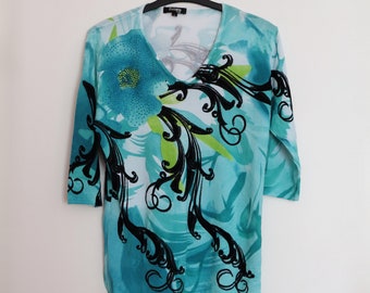 Suéter turquesa con estampado floral vintage y pedrería Jersey talla L manga 3/4 Suéter de verano Jersey vintage
